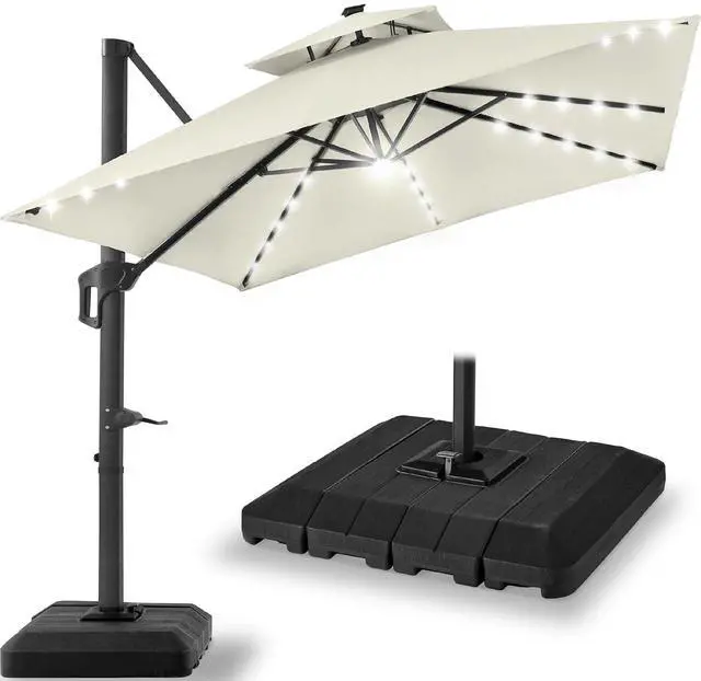 Main image of 9x12ft LED Cantilever Patio Umbrella w/Base Included & 360° Rotation, Large Solar Offset Hanging Outdoor Sun Shade for Deck, Backyard Table w/Stand & Lights Ivory