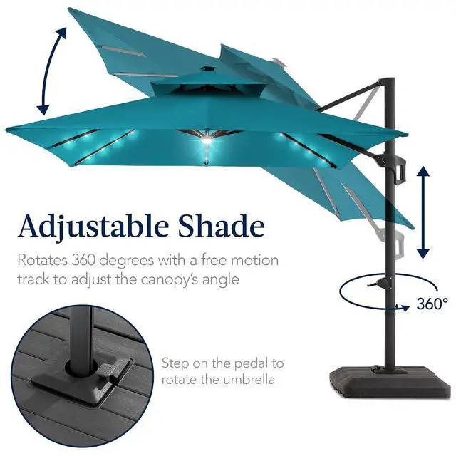 Alt view image 5 of 7 - 12x12ft LED Cantilever Patio Umbrella w/Base Included & 360° Rotation, Large Solar Offset Hanging Outdoor Sun Shade for Deck, Backyard Table w/Stand & Lights Cerulean