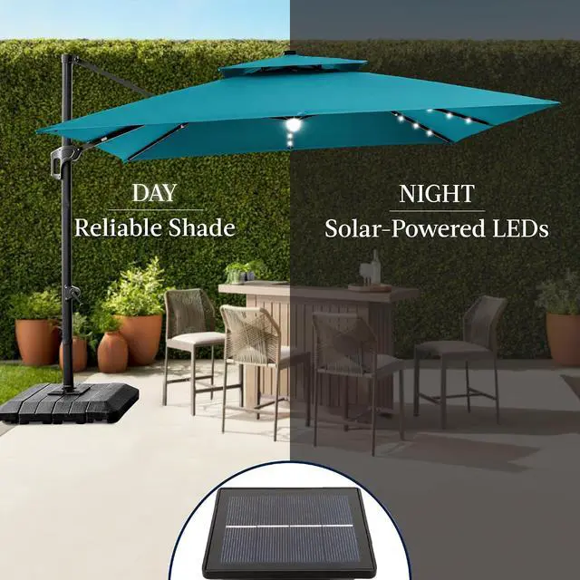 Alt view image 6 of 7 - 12x12ft LED Cantilever Patio Umbrella w/Base Included & 360° Rotation, Large Solar Offset Hanging Outdoor Sun Shade for Deck, Backyard Table w/Stand & Lights Cerulean