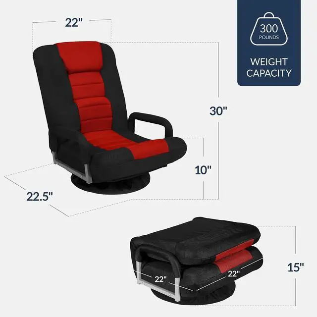 Alt view image 3 of 7 - Swivel Gaming Chair 360 Degree Multipurpose Floor Chair Rocker for TV, Reading, Playing Video Games w/Lumbar Support, Armrest Handles, Adjustable Foldable Backrest - Black/Red