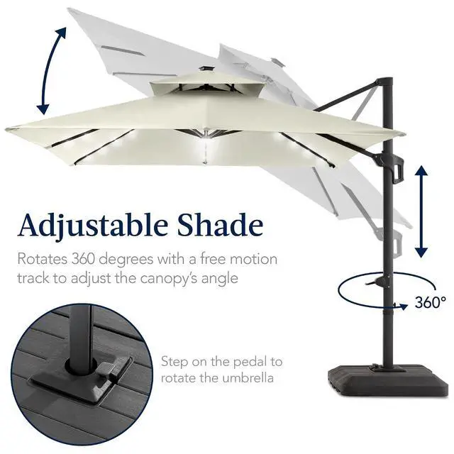 Alt view image 5 of 7 - 9x12ft LED Cantilever Patio Umbrella w/Base Included & 360° Rotation, Large Solar Offset Hanging Outdoor Sun Shade for Deck, Backyard Table w/Stand & Lights Ivory
