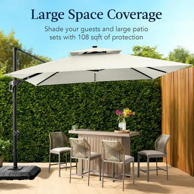 Alt view image 4 of 7 - 9x12ft LED Cantilever Patio Umbrella w/Base Included & 360° Rotation, Large Solar Offset Hanging Outdoor Sun Shade for Deck, Backyard Table w/Stand & Lights Ivory