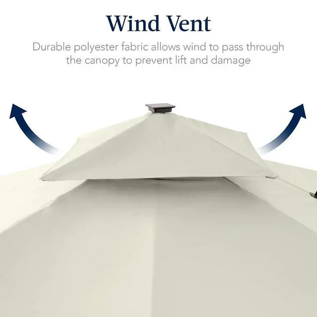 Alt view image 7 of 7 - 9x12ft LED Cantilever Patio Umbrella w/Base Included & 360° Rotation, Large Solar Offset Hanging Outdoor Sun Shade for Deck, Backyard Table w/Stand & Lights Ivory