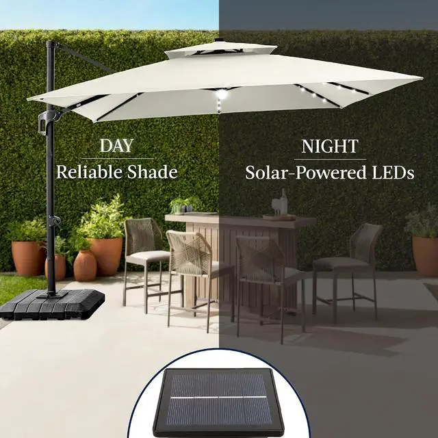 Alt view image 6 of 7 - 9x12ft LED Cantilever Patio Umbrella w/Base Included & 360° Rotation, Large Solar Offset Hanging Outdoor Sun Shade for Deck, Backyard Table w/Stand & Lights Ivory