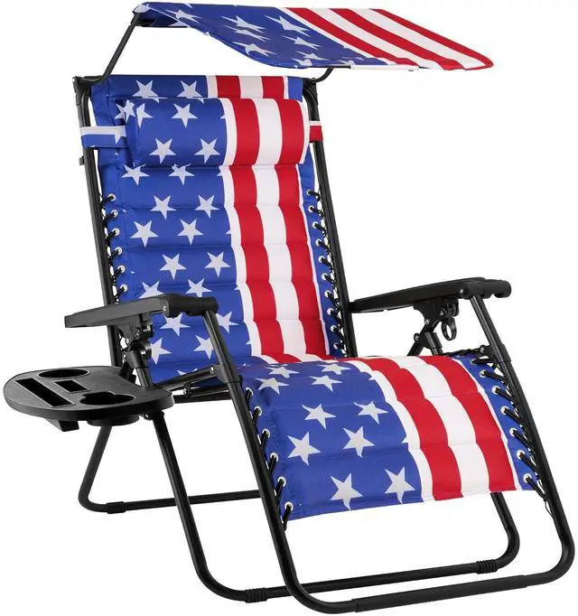 Main image of Oversized Padded Zero Gravity Chair w/Canopy Headrest Cup Holder Side Tray, Folding Outdoor Patio Recliner Lounger - American Flag