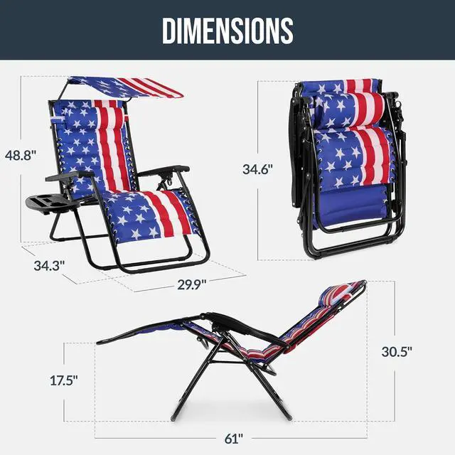 Alt view image 2 of 7 - Oversized Padded Zero Gravity Chair w/Canopy Headrest Cup Holder Side Tray, Folding Outdoor Patio Recliner Lounger - American Flag
