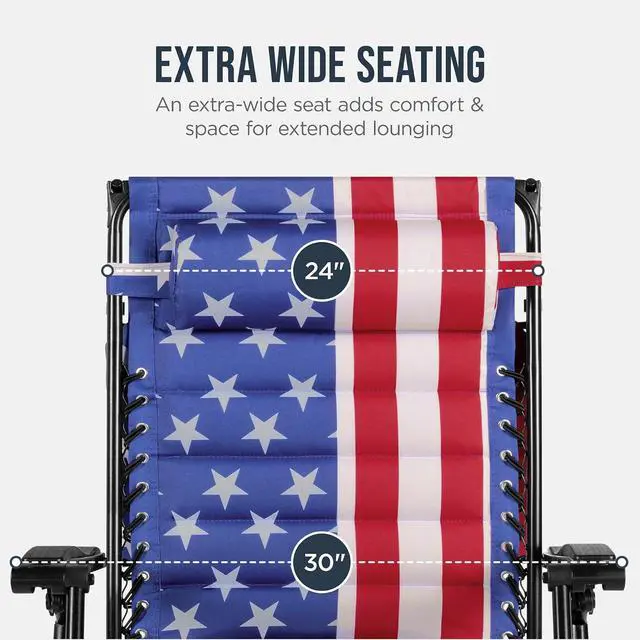 Alt view image 5 of 7 - Oversized Padded Zero Gravity Chair w/Canopy Headrest Cup Holder Side Tray, Folding Outdoor Patio Recliner Lounger - American Flag