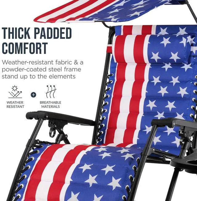Alt view image 6 of 7 - Oversized Padded Zero Gravity Chair w/Canopy Headrest Cup Holder Side Tray, Folding Outdoor Patio Recliner Lounger - American Flag
