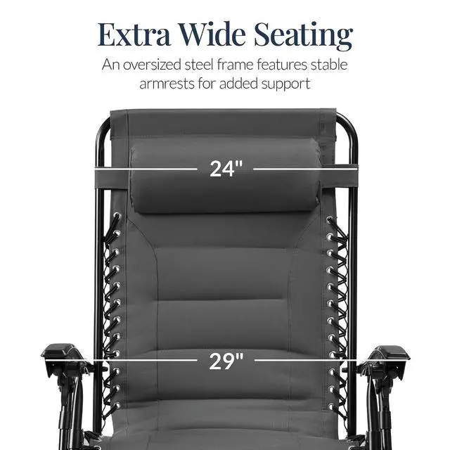 Alt view image 3 of 7 - Oversized Padded Zero Gravity Chair, Folding Outdoor Patio Recliner, XL Anti Gravity Lounger for Backyard w/Headrest, Cup Holder, Side Tray, Polyester Mesh - Gray