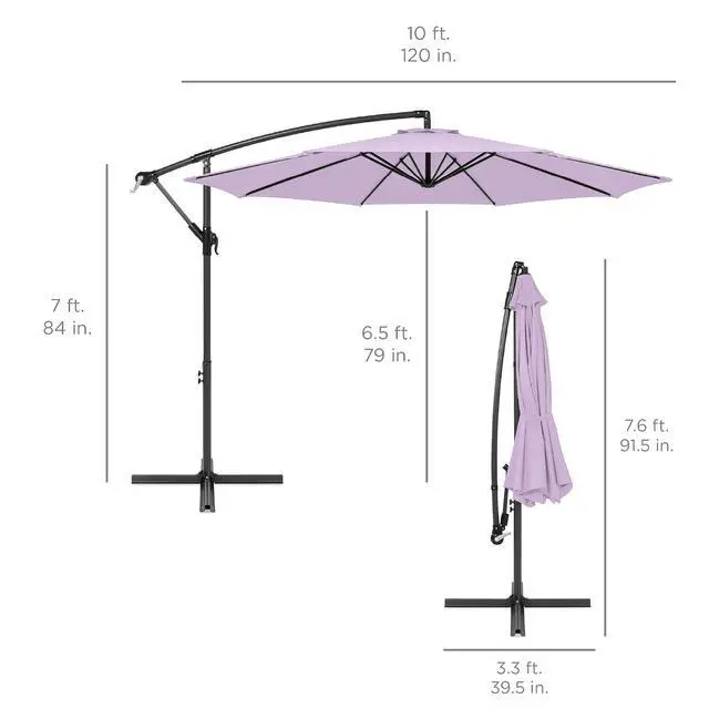 Alt view image 7 of 7 - 10ft Offset Cantilever Hanging Market Patio Umbrella, 8 Sturdy Ribs, Easy Adjustment - Lavender