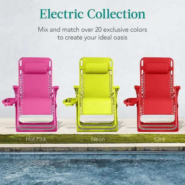Alt view image 7 of 7 - Adjustable Zero Gravity Chair, Monochromatic Color Folding Patio Recliner w/Side Tray, Headrest - Neon