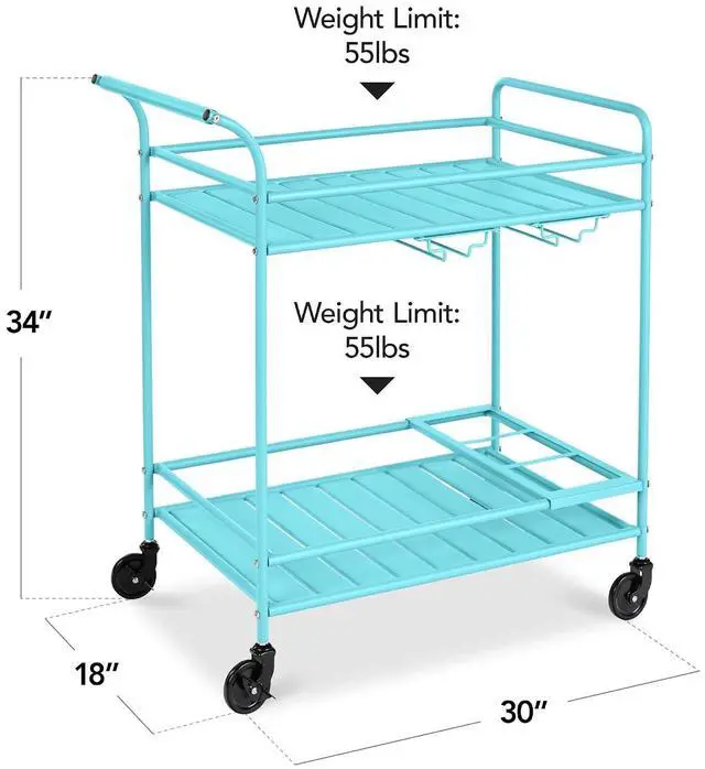 Alt view image 2 of 7 - Rolling Bar Cart, Mobile Home Bar Serving Cart, Serving Station w/ 2 Tier Shelves, Wine Rack, Lockable Wheels - Teal