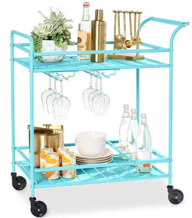 Main image of Rolling Bar Cart, Mobile Home Bar Serving Cart, Serving Station w/ 2 Tier Shelves, Wine Rack, Lockable Wheels - Teal