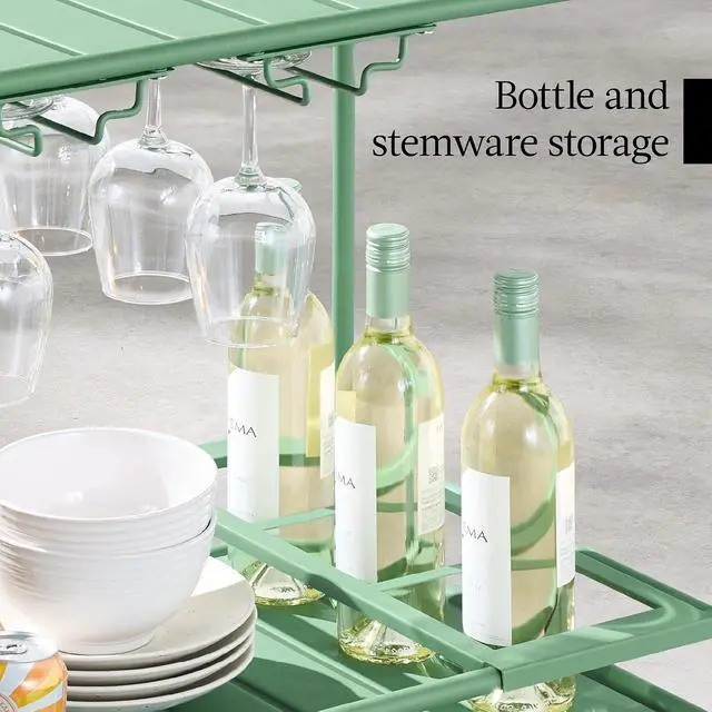 Alt view image 7 of 7 - Rolling Bar Cart, Mobile Home Bar Serving Cart, Serving Station w/ 2 Tier Shelves, Wine Rack, Lockable Wheels - Sage