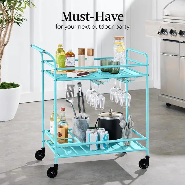 Alt view image 3 of 7 - Rolling Bar Cart, Mobile Home Bar Serving Cart, Serving Station w/ 2 Tier Shelves, Wine Rack, Lockable Wheels - Teal