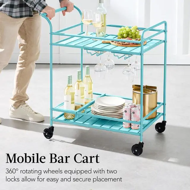 Alt view image 5 of 7 - Rolling Bar Cart, Mobile Home Bar Serving Cart, Serving Station w/ 2 Tier Shelves, Wine Rack, Lockable Wheels - Teal