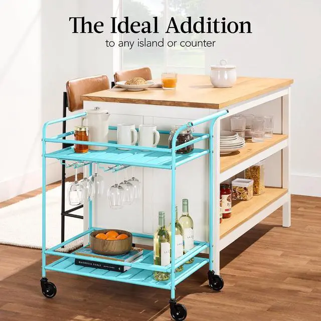 Alt view image 6 of 7 - Rolling Bar Cart, Mobile Home Bar Serving Cart, Serving Station w/ 2 Tier Shelves, Wine Rack, Lockable Wheels - Teal