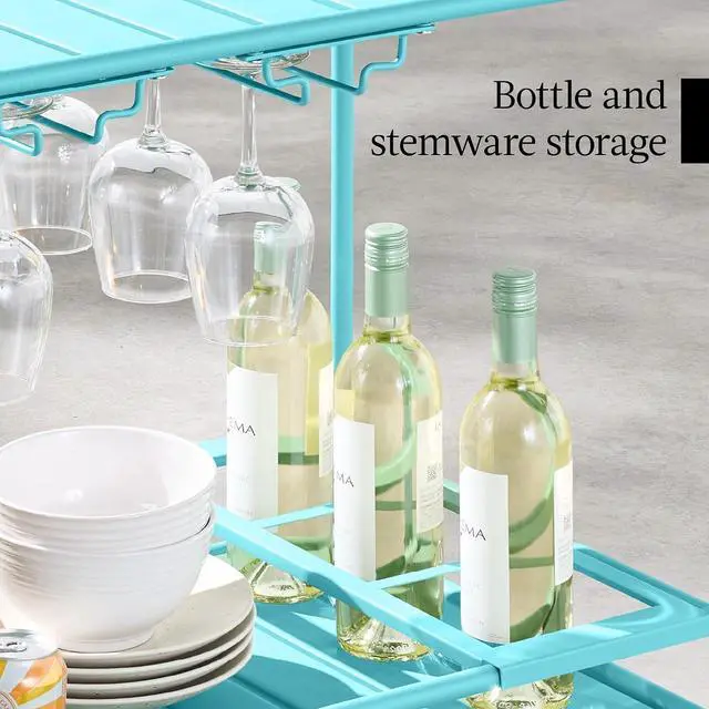 Alt view image 7 of 7 - Rolling Bar Cart, Mobile Home Bar Serving Cart, Serving Station w/ 2 Tier Shelves, Wine Rack, Lockable Wheels - Teal