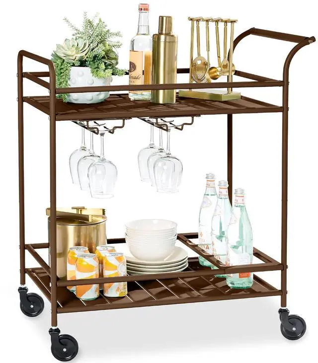 Main image of Rolling Bar Cart, Mobile Home Bar Serving Cart, Serving Station w/ 2 Tier Shelves, Wine Rack, Lockable Wheels - Brown