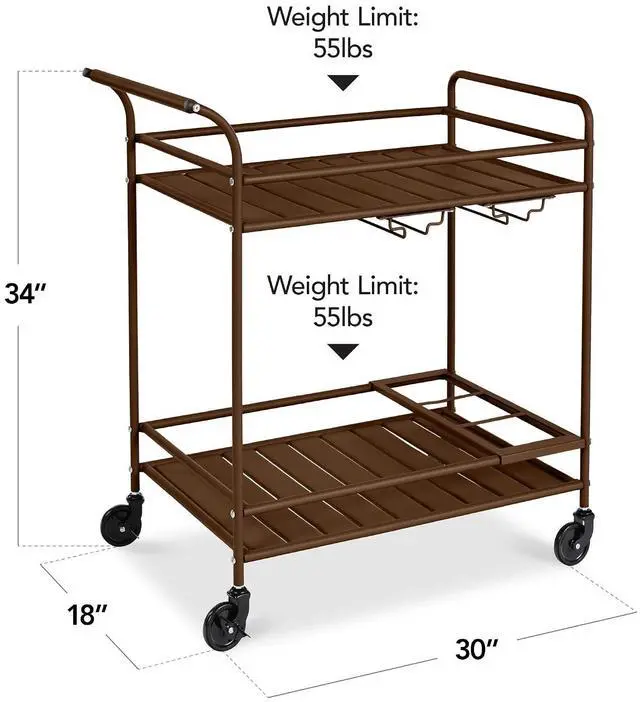 Alt view image 2 of 7 - Rolling Bar Cart, Mobile Home Bar Serving Cart, Serving Station w/ 2 Tier Shelves, Wine Rack, Lockable Wheels - Brown
