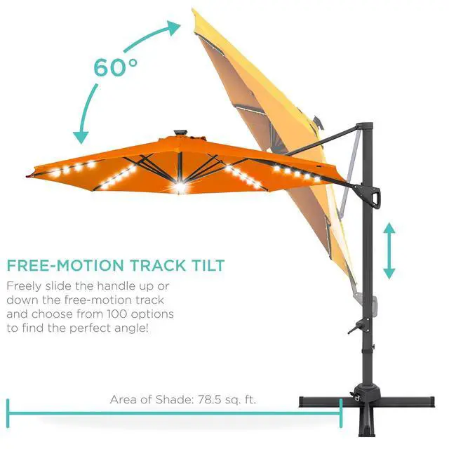 Alt view image 5 of 7 - 10ft Solar LED Cantilever Patio Umbrella, 360-Degree Rotation Hanging Offset Market Outdoor Sun Shade for Backyard, Deck, Poolside w/Lights, Easy Tilt, Cross Base - Orange