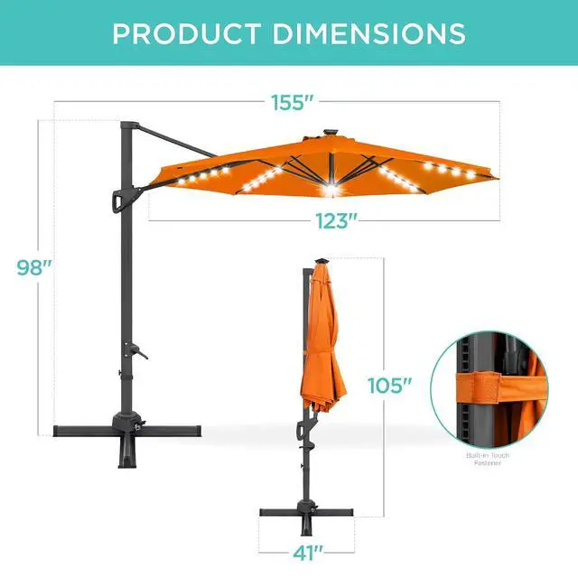 Alt view image 7 of 7 - 10ft Solar LED Cantilever Patio Umbrella, 360-Degree Rotation Hanging Offset Market Outdoor Sun Shade for Backyard, Deck, Poolside w/Lights, Easy Tilt, Cross Base - Orange