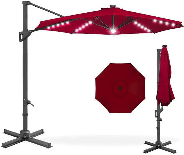 Main image of 10ft Solar LED Cantilever Patio Umbrella, 360-Degree Rotation Hanging Offset Market Outdoor Sun Shade for Backyard, Deck, Poolside w/Lights, Easy Tilt, Cross Base - Burgundy