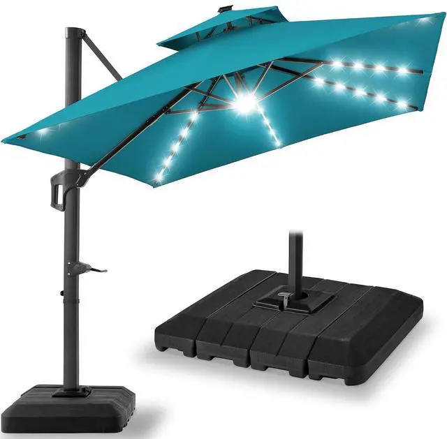 Main image of 10x10ft Cantilever Patio Umbrella w/Base Included, Solar LED Lights 360 Rotation Large Offset Hanging Outdoor Shade for Deck Pool Backyard w/Stand Cerulean
