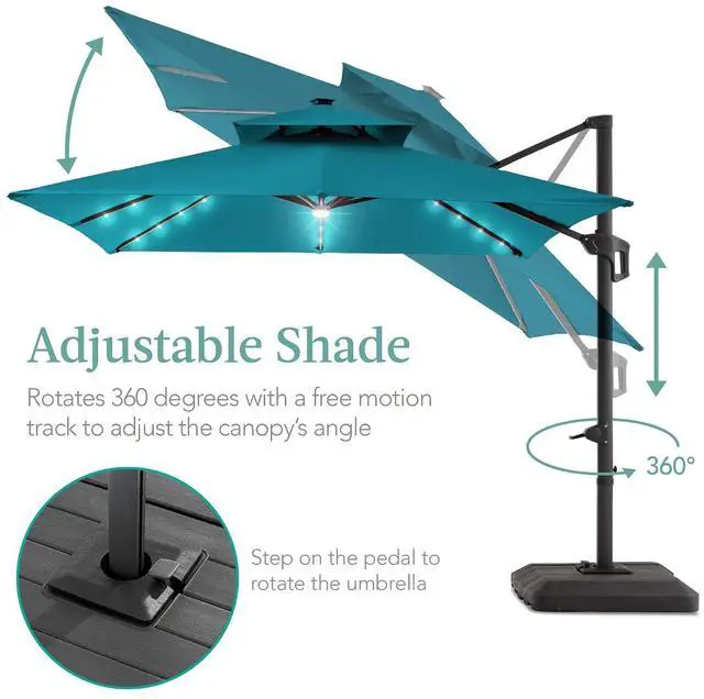 Alt view image 4 of 7 - 10x10ft Cantilever Patio Umbrella w/Base Included, Solar LED Lights 360 Rotation Large Offset Hanging Outdoor Shade for Deck Pool Backyard w/Stand Cerulean