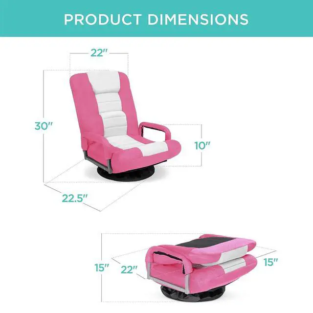 Alt view image 2 of 7 - Swivel Gaming Chair 360 Degree Multipurpose Floor Chair Rocker for TV, Reading, Playing Video Games w/Lumbar Support, Armrest Handles, Adjustable Foldable Backrest - Pink/White