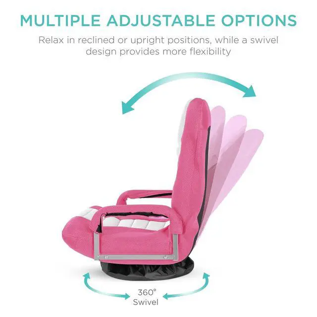 Alt view image 3 of 7 - Swivel Gaming Chair 360 Degree Multipurpose Floor Chair Rocker for TV, Reading, Playing Video Games w/Lumbar Support, Armrest Handles, Adjustable Foldable Backrest - Pink/White