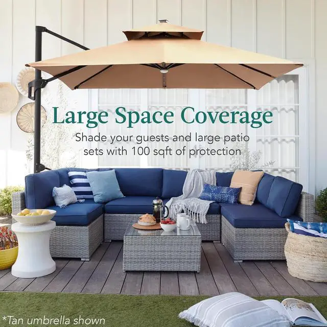 Alt view image 3 of 7 - 10x10ft Cantilever Patio Umbrella w/Base Included, Solar LED Lights 360 Rotation Large Offset Hanging Outdoor Shade for Deck Pool Backyard w/Stand Fog Gray