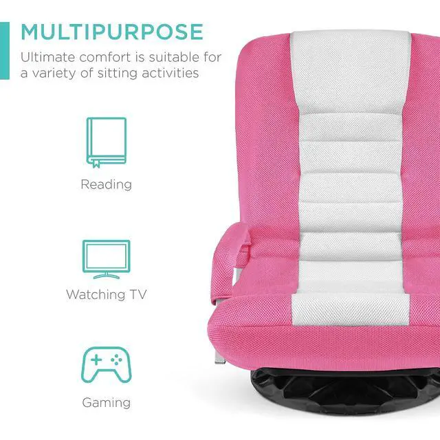 Alt view image 4 of 7 - Swivel Gaming Chair 360 Degree Multipurpose Floor Chair Rocker for TV, Reading, Playing Video Games w/Lumbar Support, Armrest Handles, Adjustable Foldable Backrest - Pink/White