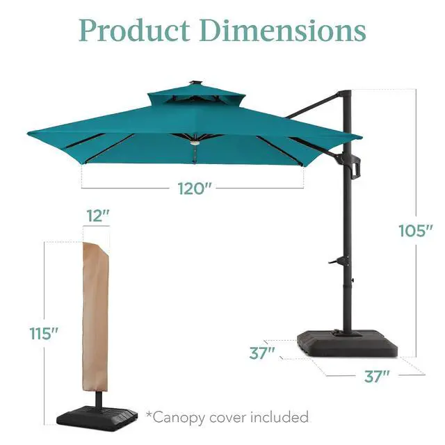 Alt view image 7 of 7 - 10x10ft Cantilever Patio Umbrella w/Base Included, Solar LED Lights 360 Rotation Large Offset Hanging Outdoor Shade for Deck Pool Backyard w/Stand Cerulean
