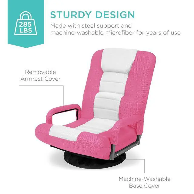 Alt view image 6 of 7 - Swivel Gaming Chair 360 Degree Multipurpose Floor Chair Rocker for TV, Reading, Playing Video Games w/Lumbar Support, Armrest Handles, Adjustable Foldable Backrest - Pink/White