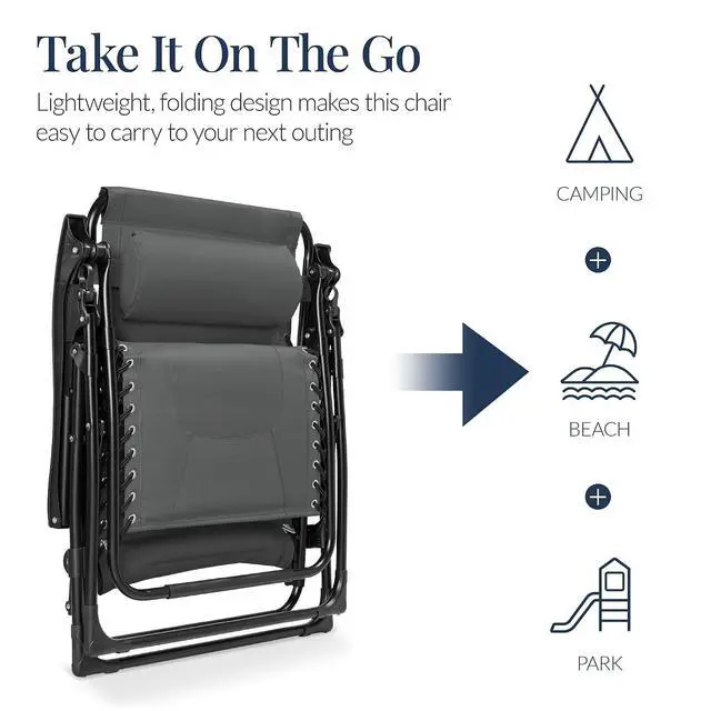 Alt view image 5 of 7 - Oversized Padded Zero Gravity Chair, Folding Outdoor Patio Recliner, XL Anti Gravity Lounger for Backyard w/Headrest, Cup Holder, Side Tray, Polyester Mesh - Gray