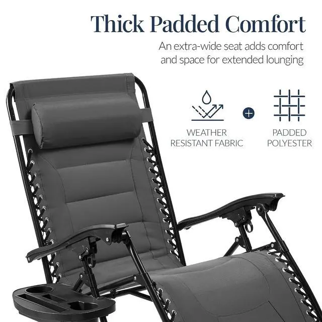 Alt view image 4 of 7 - Oversized Padded Zero Gravity Chair, Folding Outdoor Patio Recliner, XL Anti Gravity Lounger for Backyard w/Headrest, Cup Holder, Side Tray, Polyester Mesh - Gray