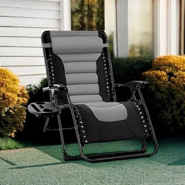 Alt view image 2 of 7 - Oversized Padded Zero Gravity Chair, Folding Outdoor Patio Recliner, XL Anti Gravity Lounger for Backyard w/Headrest, Cup Holder, Side Tray, Polyester Mesh - Gray
