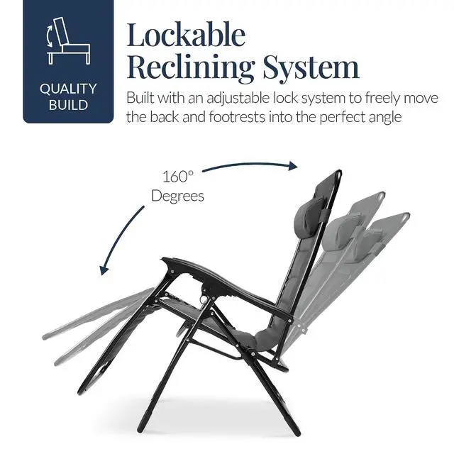 Alt view image 7 of 7 - Oversized Padded Zero Gravity Chair, Folding Outdoor Patio Recliner, XL Anti Gravity Lounger for Backyard w/Headrest, Cup Holder, Side Tray, Polyester Mesh - Gray