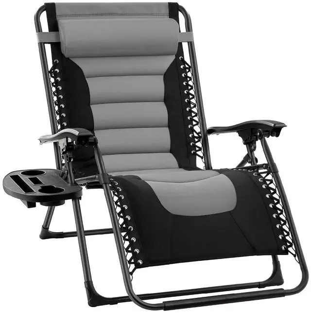 Main image of Oversized Padded Zero Gravity Chair, Folding Outdoor Patio Recliner, XL Anti Gravity Lounger for Backyard w/Headrest, Cup Holder, Side Tray, Polyester Mesh - Gray