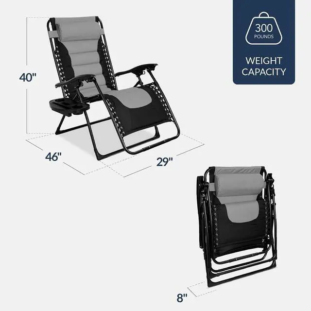 Alt view image 3 of 7 - Oversized Padded Zero Gravity Chair, Folding Outdoor Patio Recliner, XL Anti Gravity Lounger for Backyard w/Headrest, Cup Holder, Side Tray, Polyester Mesh - Gray