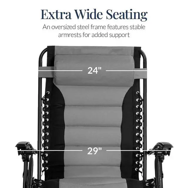 Alt view image 4 of 7 - Oversized Padded Zero Gravity Chair, Folding Outdoor Patio Recliner, XL Anti Gravity Lounger for Backyard w/Headrest, Cup Holder, Side Tray, Polyester Mesh - Gray