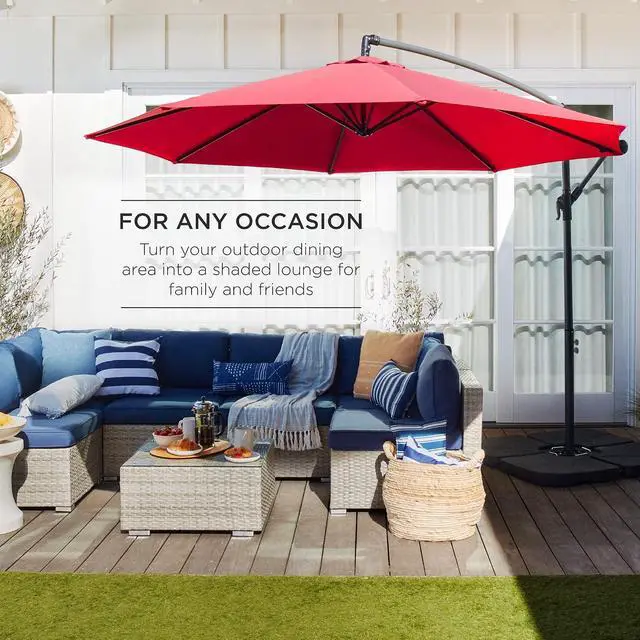 Alt view image 3 of 7 - 10ft Offset Hanging Market Patio Umbrella w/Easy Tilt Adjustment, Polyester Shade, 8 Ribs for Backyard, Poolside, Lawn and Garden - Red