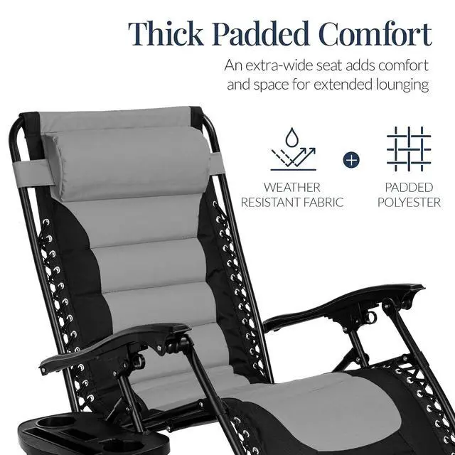 Alt view image 5 of 7 - Oversized Padded Zero Gravity Chair, Folding Outdoor Patio Recliner, XL Anti Gravity Lounger for Backyard w/Headrest, Cup Holder, Side Tray, Polyester Mesh - Gray