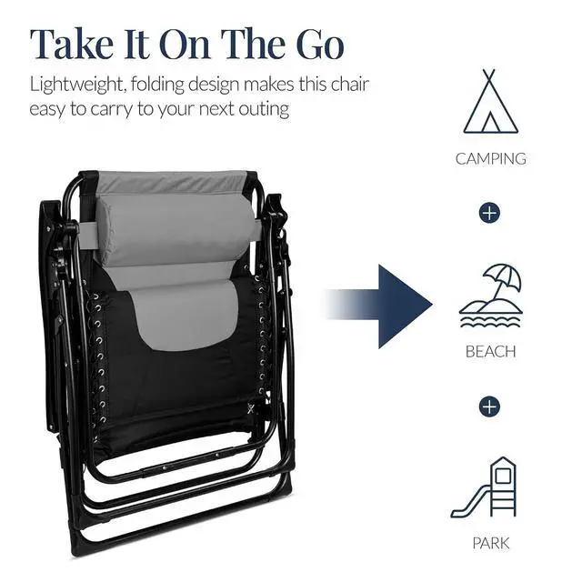 Alt view image 6 of 7 - Oversized Padded Zero Gravity Chair, Folding Outdoor Patio Recliner, XL Anti Gravity Lounger for Backyard w/Headrest, Cup Holder, Side Tray, Polyester Mesh - Gray