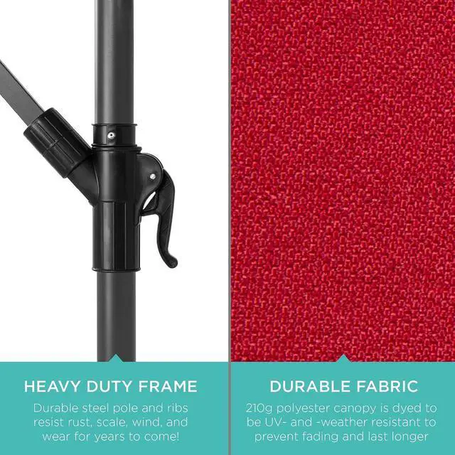 Alt view image 6 of 7 - 10ft Offset Hanging Market Patio Umbrella w/Easy Tilt Adjustment, Polyester Shade, 8 Ribs for Backyard, Poolside, Lawn and Garden - Red