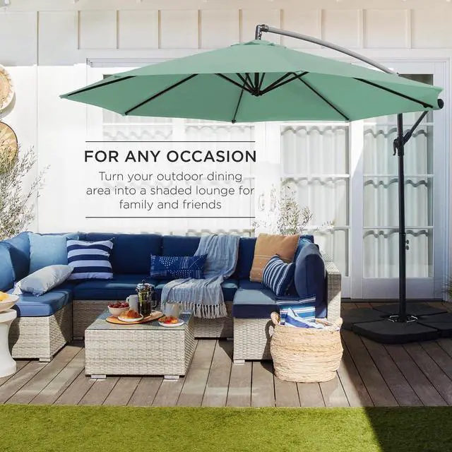 Alt view image 3 of 7 - 10ft Offset Cantilever Hanging Market Patio Umbrella, 8 Sturdy Ribs, Easy Adjustment - Seaglass