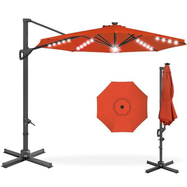 Main image of 10ft Solar LED Cantilever Patio Umbrella, 360-Degree Rotation Hanging Offset Market Outdoor Sun Shade for Backyard, Deck, Poolside w/Lights, Easy Tilt, Cross Base - Rust