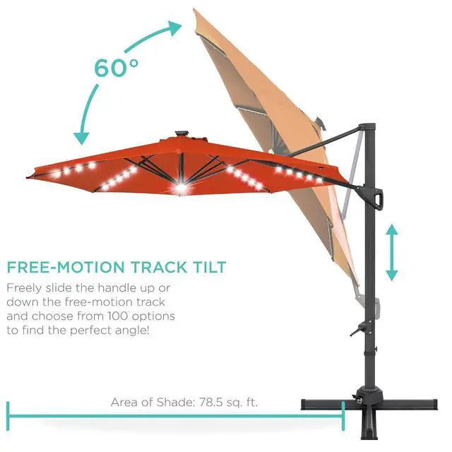 Alt view image 5 of 7 - 10ft Solar LED Cantilever Patio Umbrella, 360-Degree Rotation Hanging Offset Market Outdoor Sun Shade for Backyard, Deck, Poolside w/Lights, Easy Tilt, Cross Base - Rust