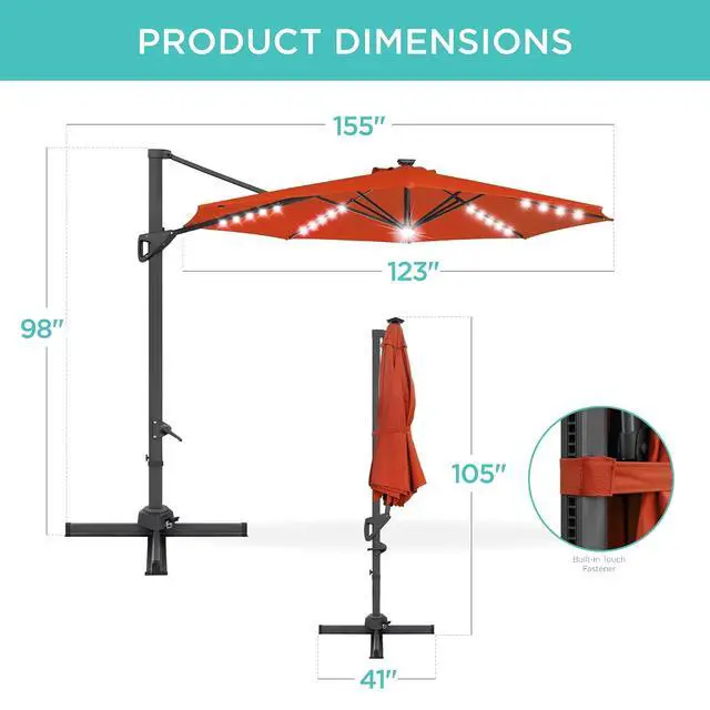 Alt view image 7 of 7 - 10ft Solar LED Cantilever Patio Umbrella, 360-Degree Rotation Hanging Offset Market Outdoor Sun Shade for Backyard, Deck, Poolside w/Lights, Easy Tilt, Cross Base - Rust